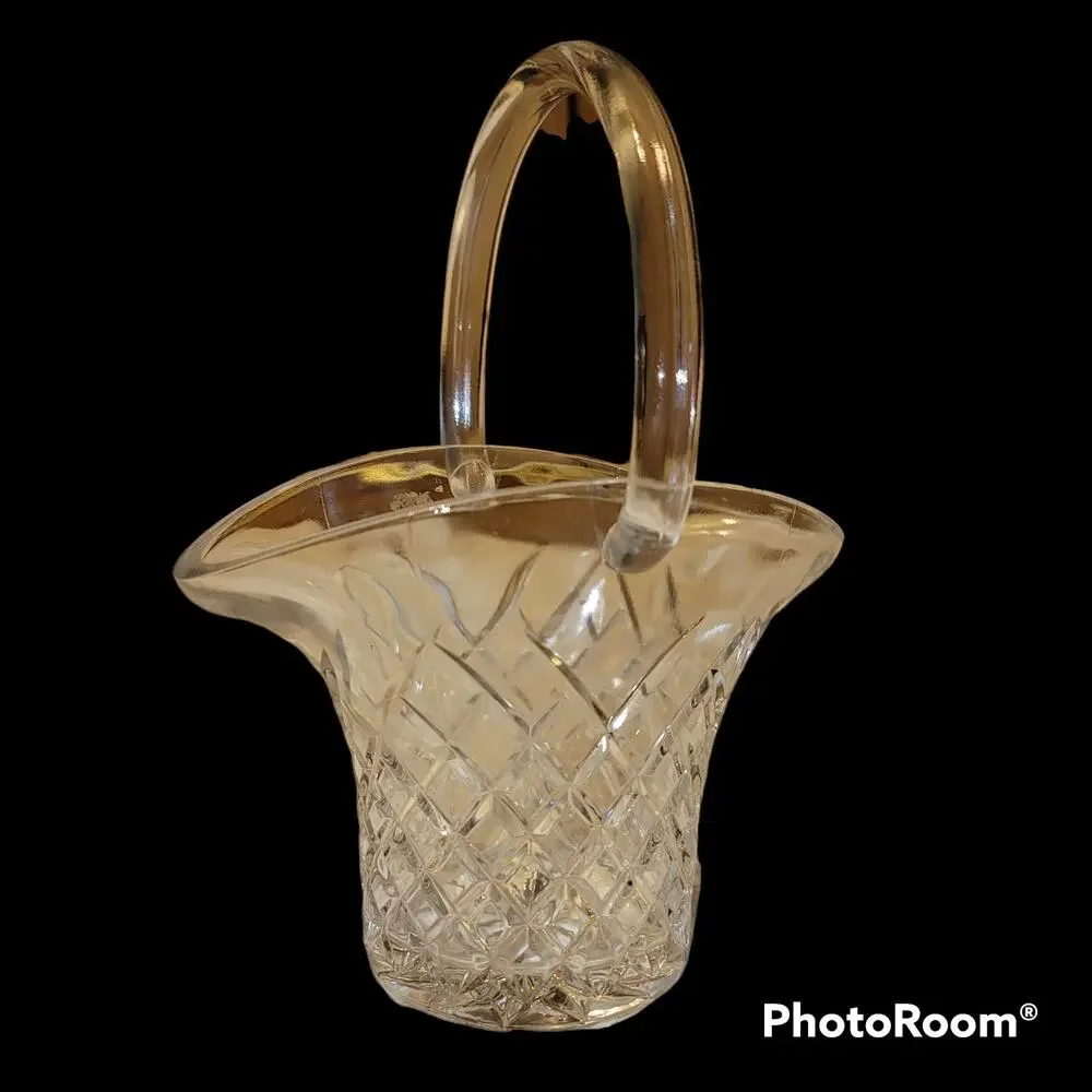 Crystal Clear Glass easter basket planter VASE diamond cut pattern woven